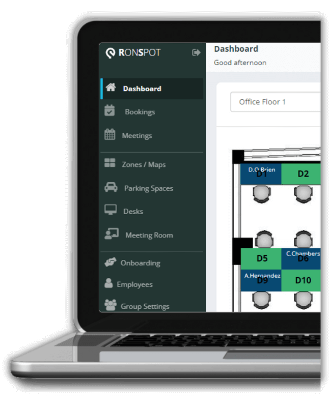 View of admin panel menu and dashboard for desk booking