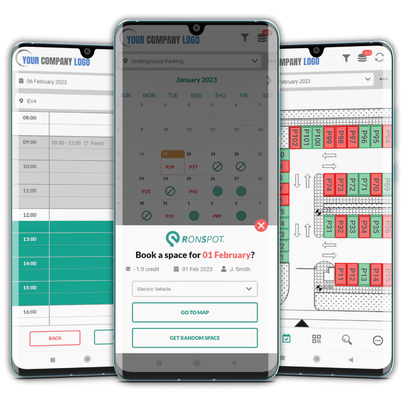 Views of Ronspot parking booking mobile app