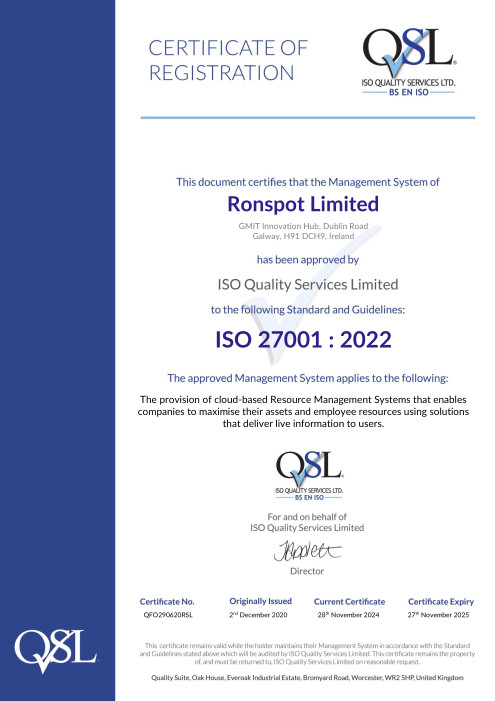 Ronspot ISO27001 certificate 2025