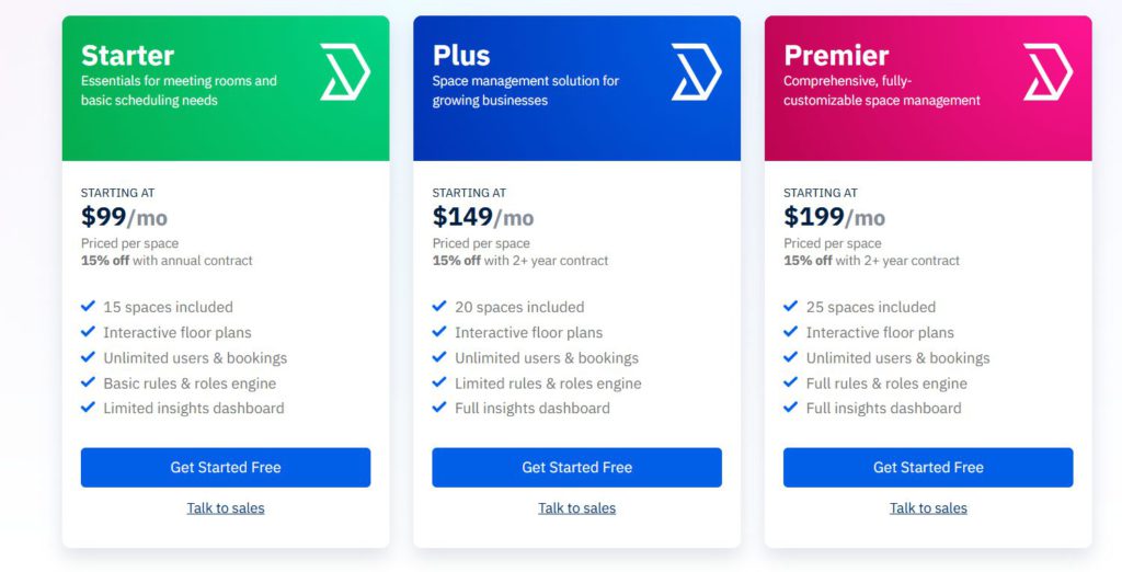 A pricing model that shows three alternative pricing options for the,Skedda platform