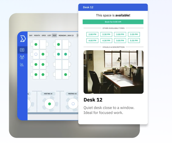 image of stylised floor plan and a booking app that shows an image of an empty desk